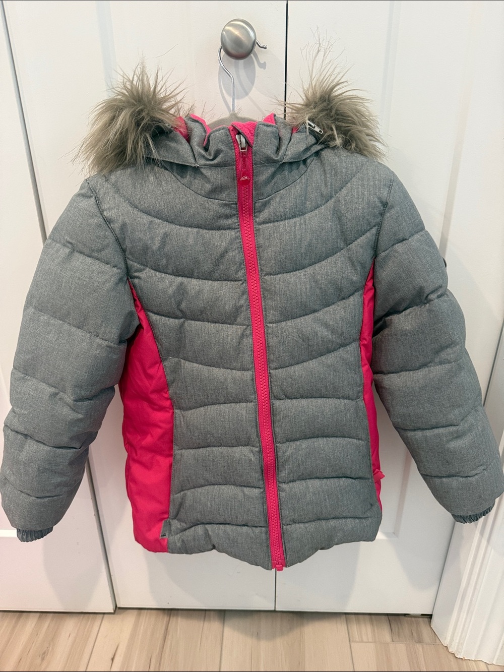 Girls' Grey and Pink Puffer Jacket with Faux Fur Hood